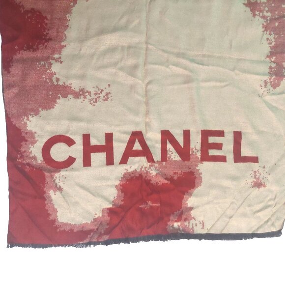 Vintage Chanel Burgundy Red Cream Tie Dye Print Blanket Scarf Scarves Wrap - Picture 5 of 11